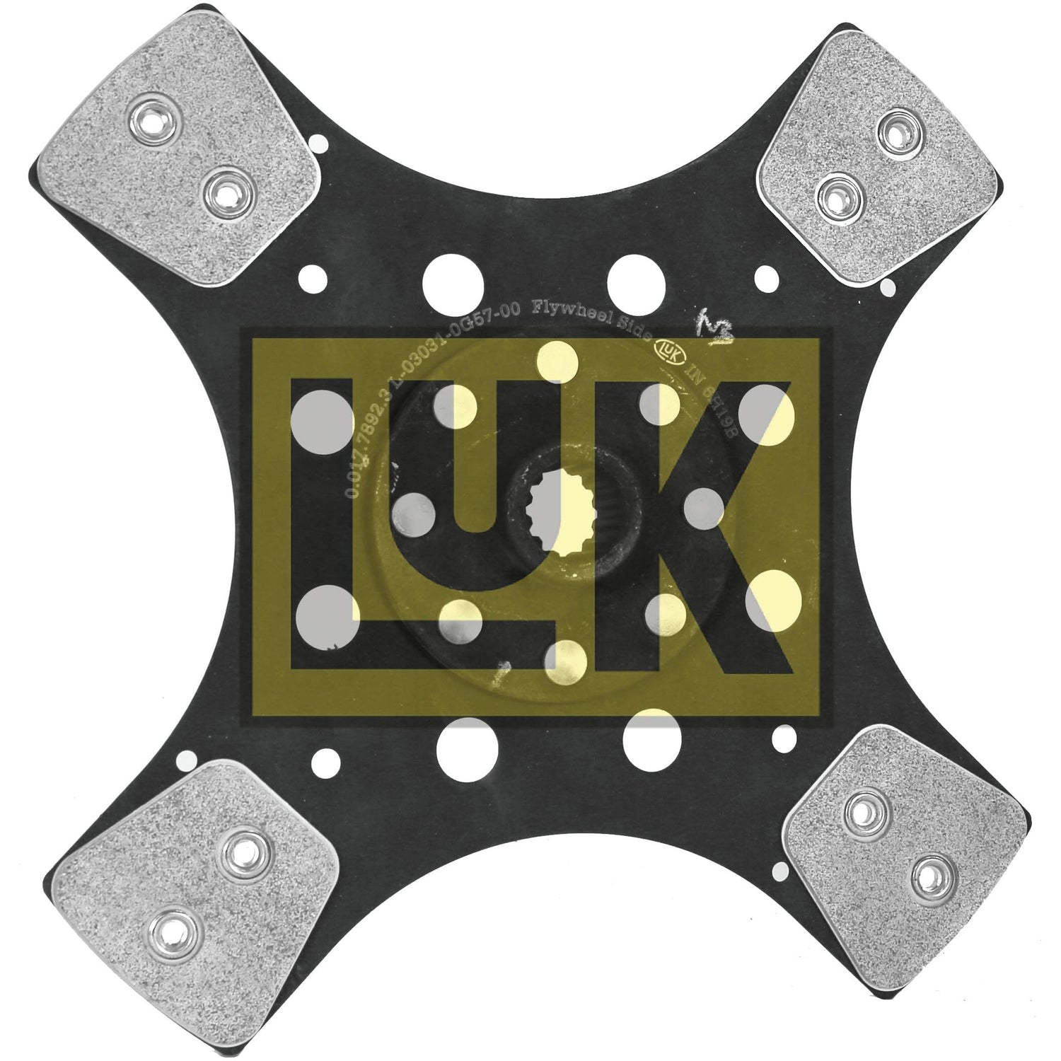 A robust metal automotive part with four protruding tabs, each equipped with a silver metallic pad. The center features a yellow and black "LUK" logo, symbolizing both strength and precision. This is the Clutch Plate - S.145868 from Sparex.