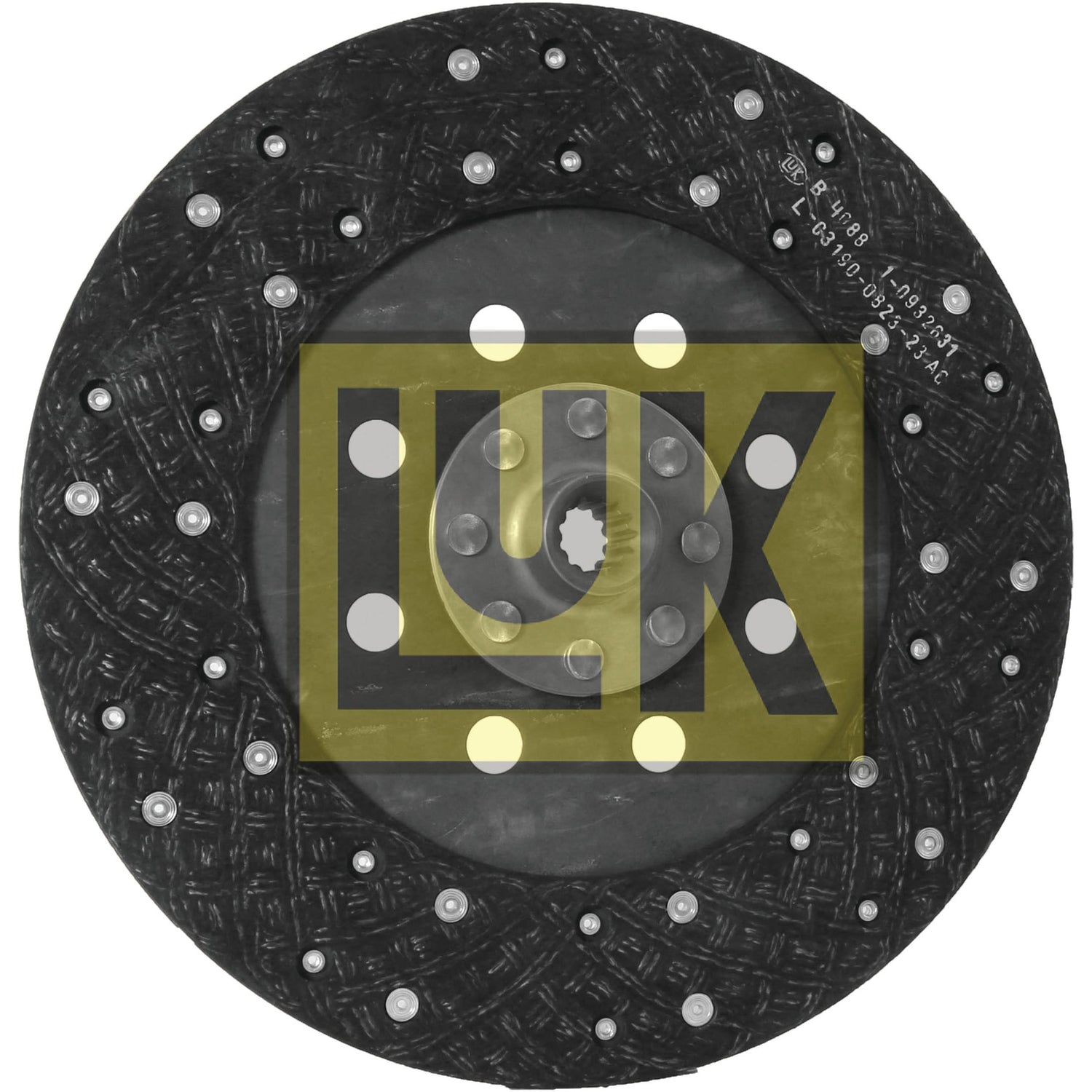 The Clutch Plate - S.145871 by Sparex is a circular automotive clutch disc featuring a black textured surface with silver rivets around the perimeter. Its center contains a hub with 13 spline teeth, and it is constructed from organic lining material. The disc size is 310mm, and the word "LUK" is prominently displayed on the disc.