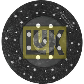 The Clutch Plate - S.145871 by Sparex is a circular automotive clutch disc featuring a black textured surface with silver rivets around the perimeter. Its center contains a hub with 13 spline teeth, and it is constructed from organic lining material. The disc size is 310mm, and the word "LUK" is prominently displayed on the disc.