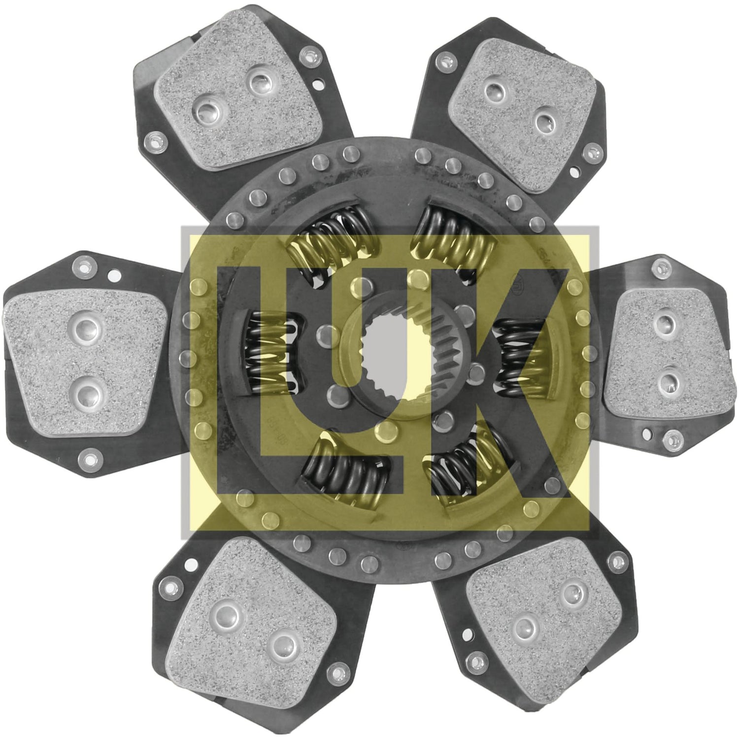 Image of a Sparex branded Clutch Plate - S.145872 with six metal friction pads and a central hub containing several torsion sprung coiled springs. The disc has a diameter of 310mm and features a durable cerametallic lining material for enhanced performance.