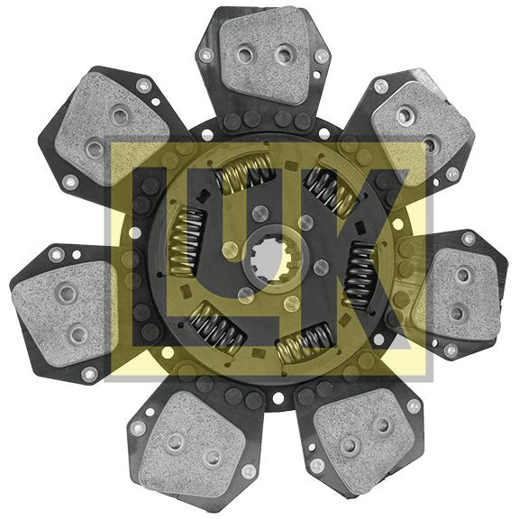 The Clutch Plate - S.145886 from Sparex features a torsion sprung metal design, six cerametallic friction pads, dual segment cushions, springs, and assorted components arranged symmetrically around a circular center.