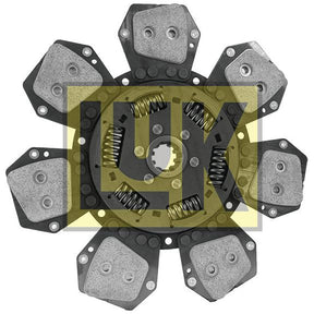 The Clutch Plate - S.145886 from Sparex features a torsion sprung metal design, six cerametallic friction pads, dual segment cushions, springs, and assorted components arranged symmetrically around a circular center.