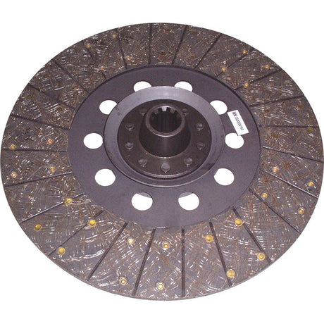 Image of the Clutch Plate - S.145890 by Sparex, showcasing its round design with a central opening, multiple evenly spaced holes, and rivets around the central part. The surface exhibits visible wear marks and includes a label. This rigid type disc, equipped with organic lining material, ensures durability and efficiency.