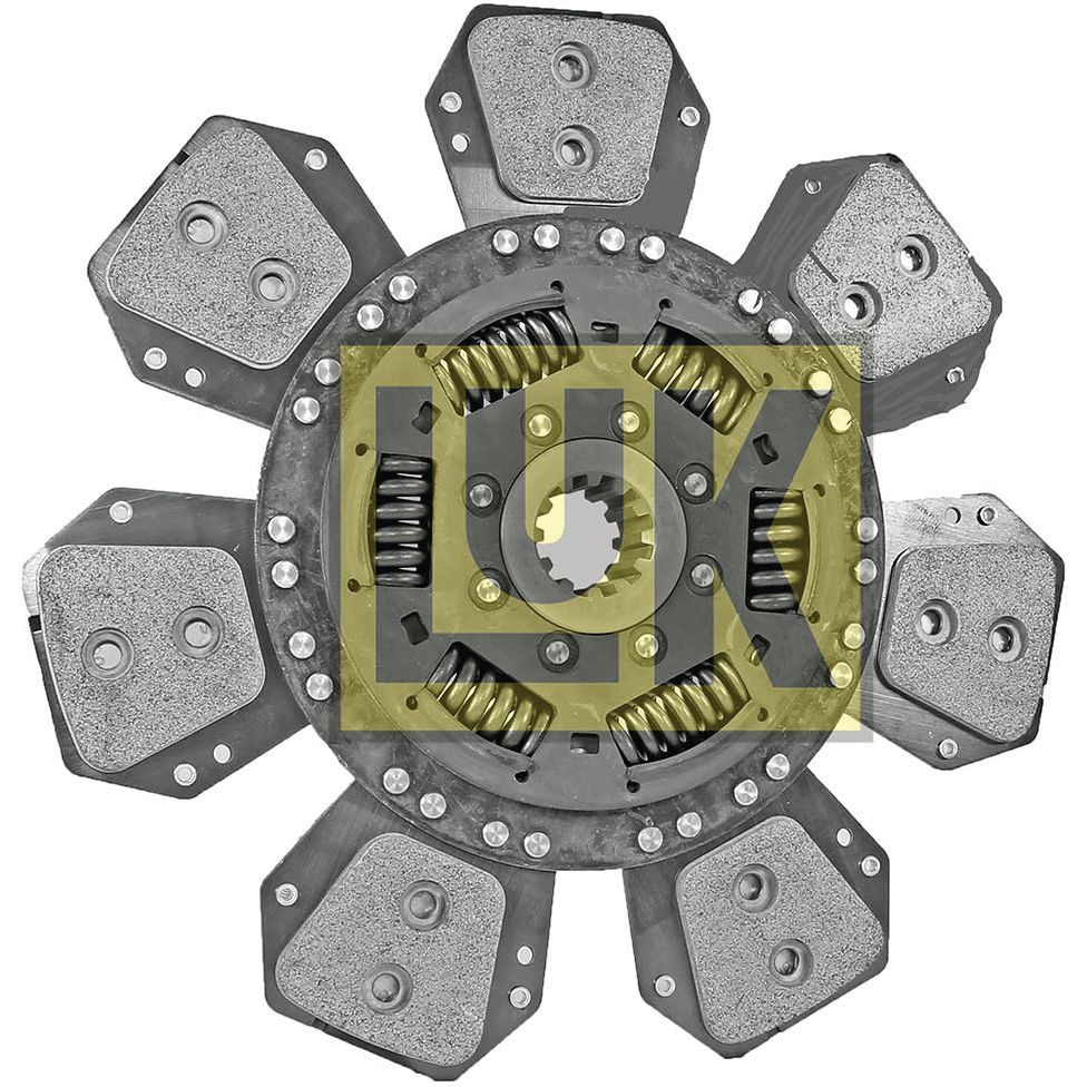 Close-up of the Sparex Clutch Plate - S.145893, featuring a multi-load LUK clutch cover with visible springs and torsion-sprung cerametallic linings symmetrically arranged around a central disc.