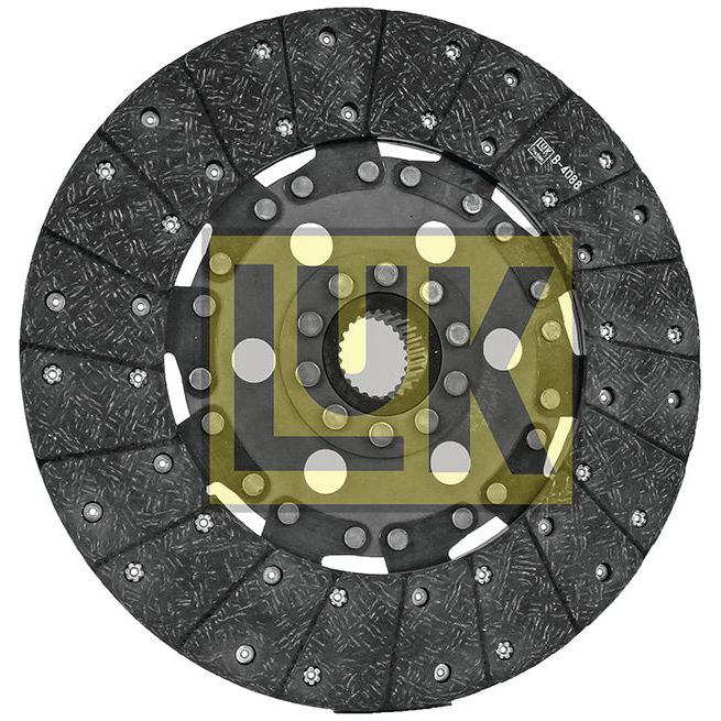 The Sparex Clutch Plate - S.145902 is a circular automotive clutch disc with a textured surface and features the letters "LUK." It has a disc size of 330mm, is designed with organic lining material, and is compatible with Ford/New Holland vehicles.