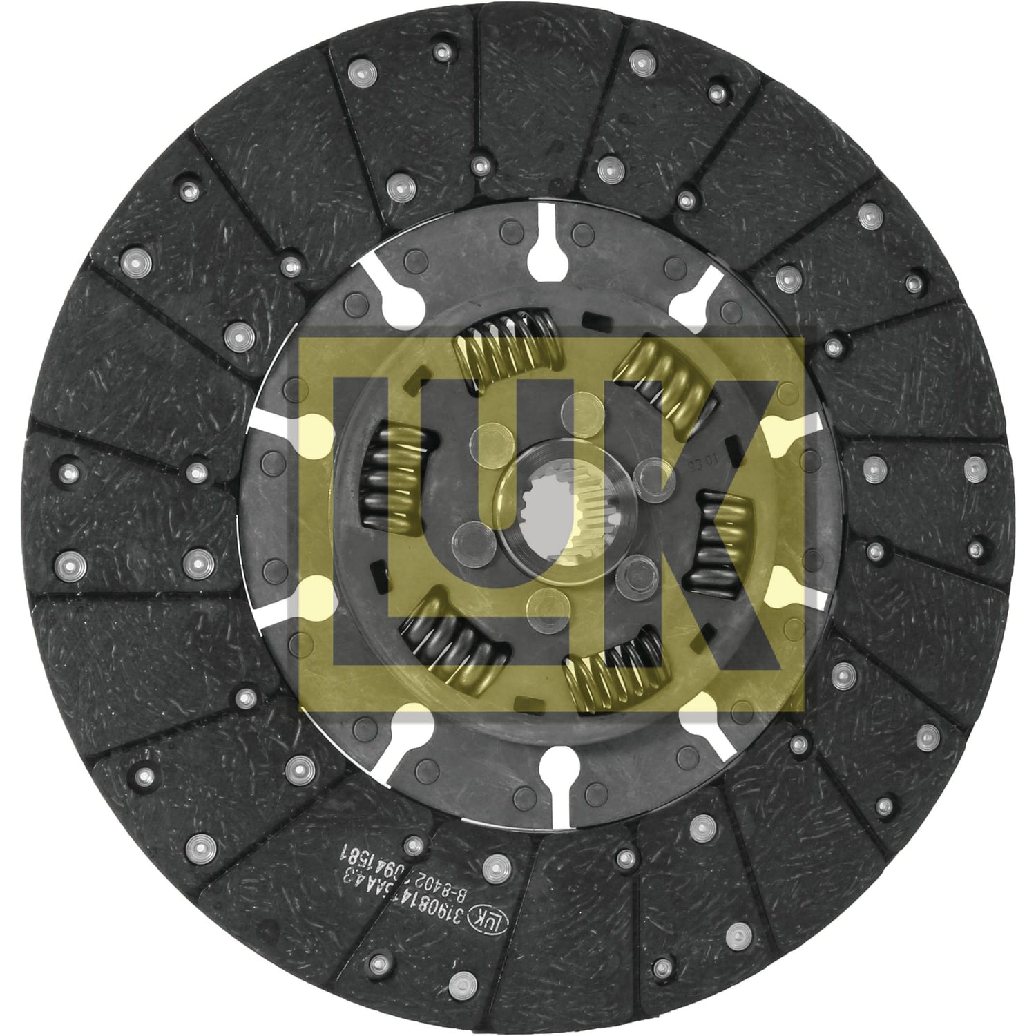 A black Clutch Plate - S.145913 by Sparex, featuring a central hub and numerous friction pads, complete with torsion sprung mechanisms for smoother operation.