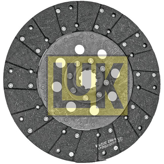 Image of a circular clutch plate with radial grooves, metallic rivets, and a central hub. This 330mm Clutch Plate - S.145923 by Sparex features an organic lining material and boasts 10 splines. The logo "LUK" is displayed prominently in the middle.