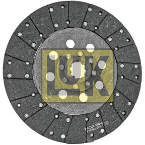 Image of a circular clutch plate with radial grooves, metallic rivets, and a central hub. This 330mm Clutch Plate - S.145923 by Sparex features an organic lining material and boasts 10 splines. The logo "LUK" is displayed prominently in the middle.