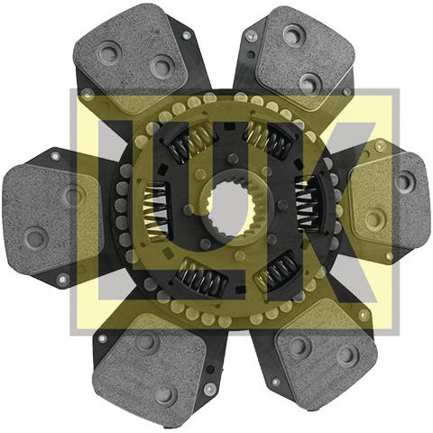 A 330mm Clutch Plate - S.145926 by Sparex, featuring five cerametallic friction pads and springs, all encircled by a large "UK" logo in yellow and gray.