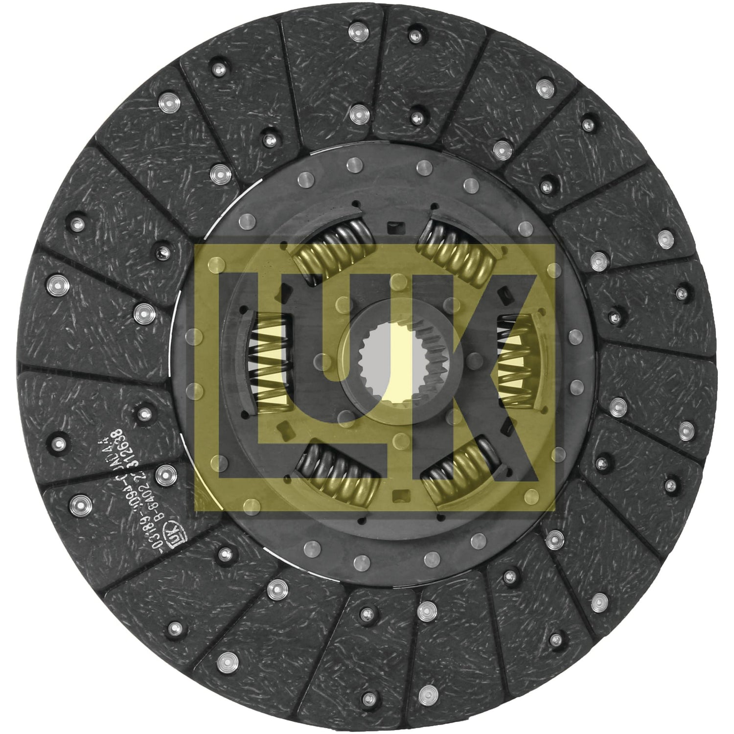 Image of a Sparex branded clutch plate with an organic lining material, black friction surface, metallic studs, and central springs. The Sparex logo is overlaid in yellow. The disc size is 330mm with 24 splines for optimal performance. Product name: Clutch Plate - S.145928.