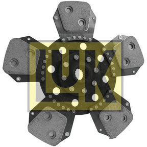 A Clutch Plate - S.145937 by Sparex, featuring a six-paddle cerametallic disc with metallic components and friction material on each paddle, showcases a black and gray color scheme accented by a yellow "LUK" logo in the background to ensure durability and performance.