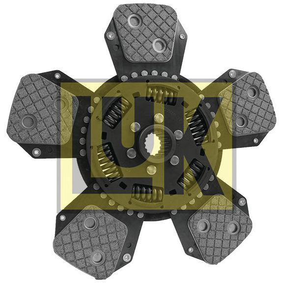 Close-up image of the Sparex Clutch Plate - S.145938, featuring a six-paddle cerametallic design with black and silver components, overlaid with a transparent yellow 'LuK' logo.