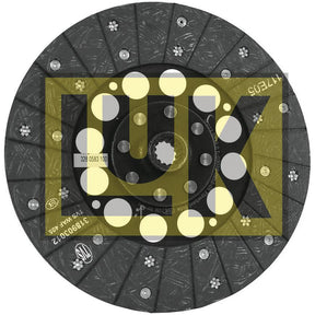 A Clutch Plate - S.156479 from Sparex, featuring a black disc with the yellow LUK logo overlay. The disc has multiple rivets and friction segments, along with technical specifications such as disc size and spline details.