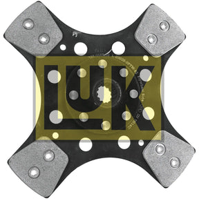 The Sparex Clutch Plate - S.156480 showcases a central spline disc with four metal pads, each secured by two bolts, featuring multiple circular holes and the LUK logo in yellow in the background, indicating its high-quality craftsmanship.