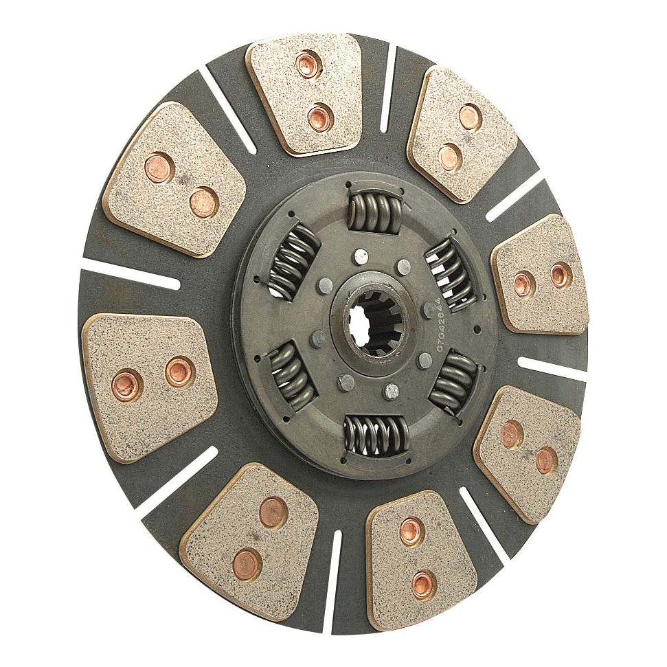 Image of a Sparex Clutch Plate - S.19504 featuring multiple friction pads and torsion-damped springs. This automotive component, with precise spline engagement, is designed to transmit torque from the engine to the drivetrain.
