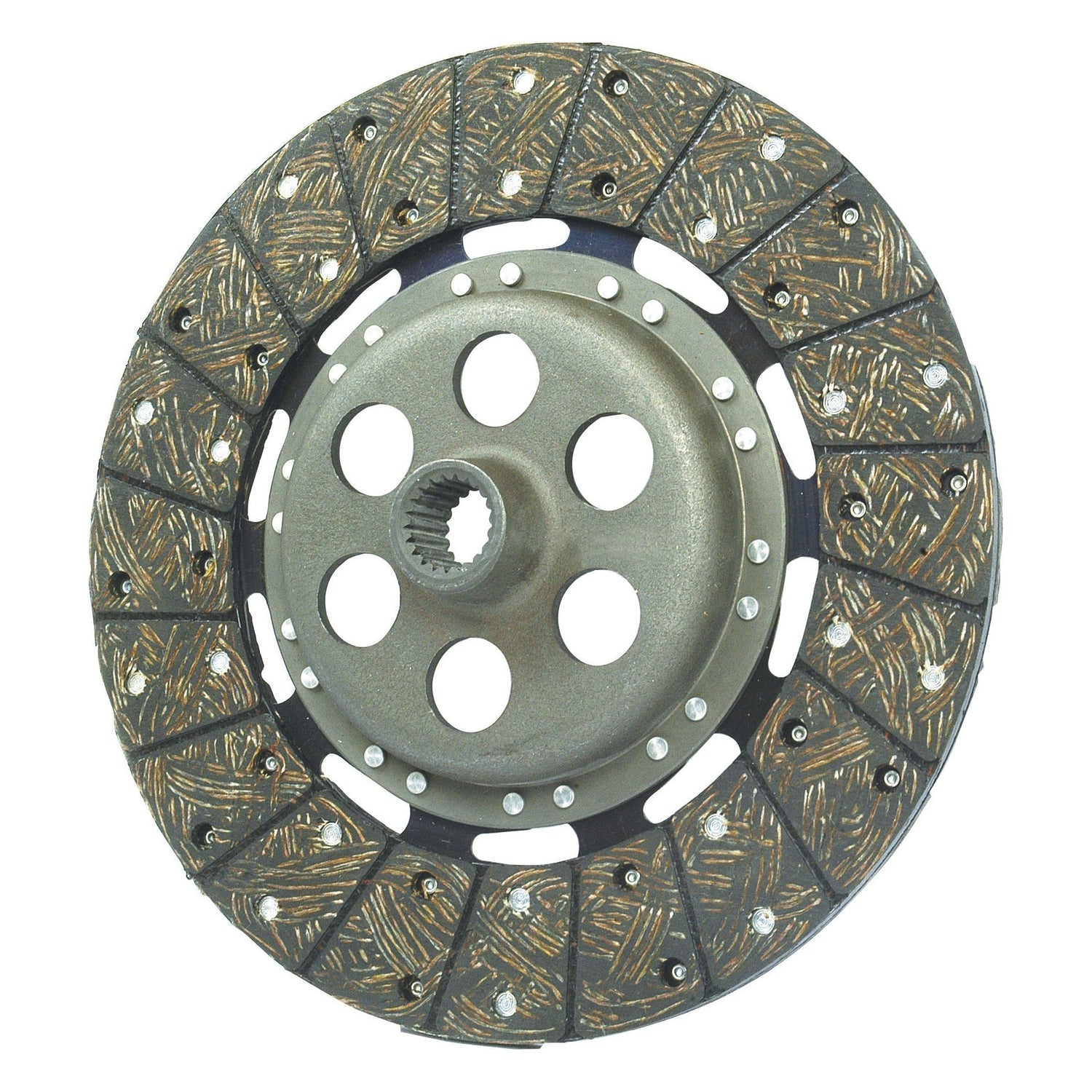 The Sparex Clutch Plate - S.19507, a round and textured metallic clutch disc with multiple holes and intricate patterning, featuring a Disc Size of 302mm, is isolated against a plain white background.