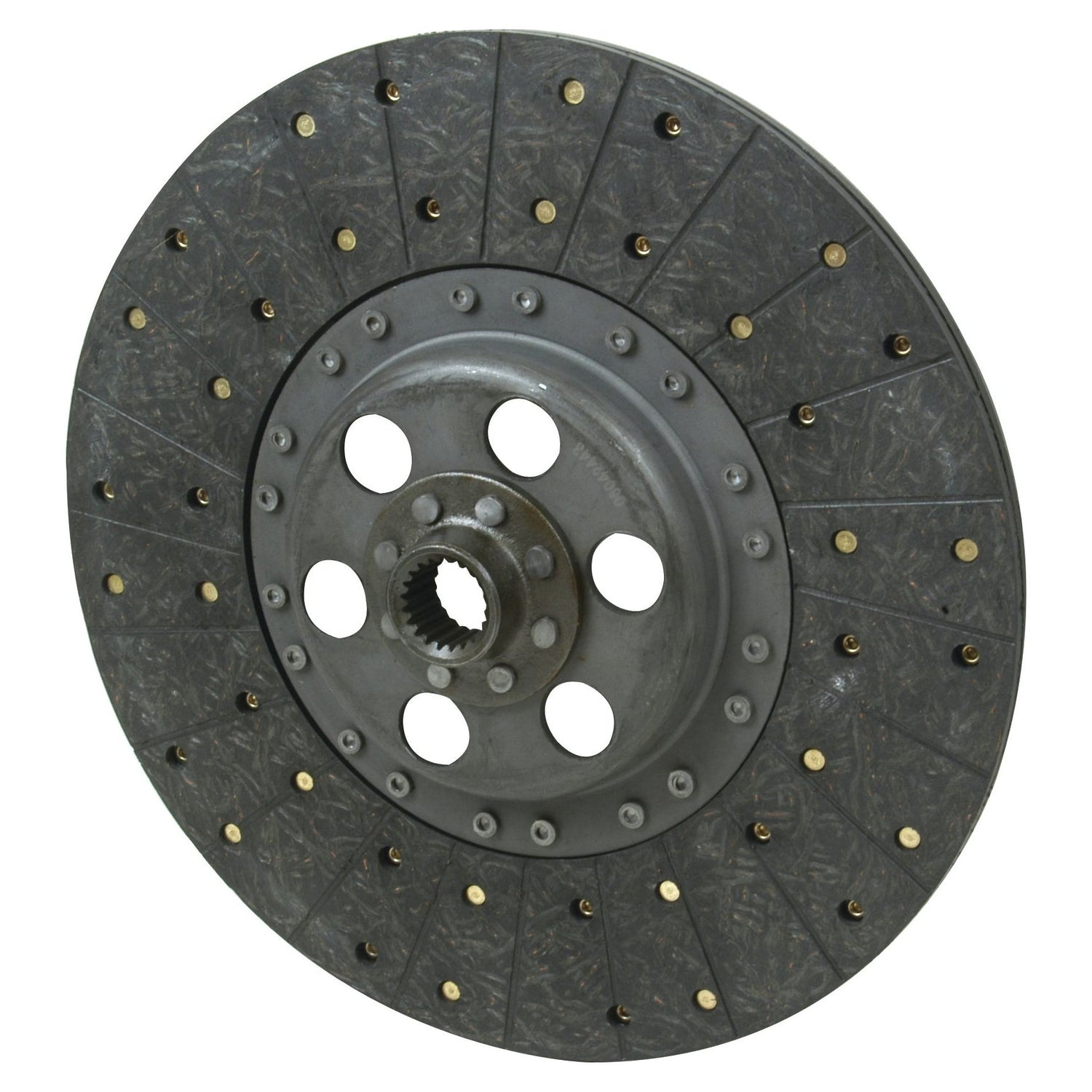 The Sparex Clutch Plate - S.19510 is a circular metallic disc featuring multiple small holes near its center, splines for enhanced torque transfer, and rivets on the friction surface, designed for use in vehicular transmission systems.