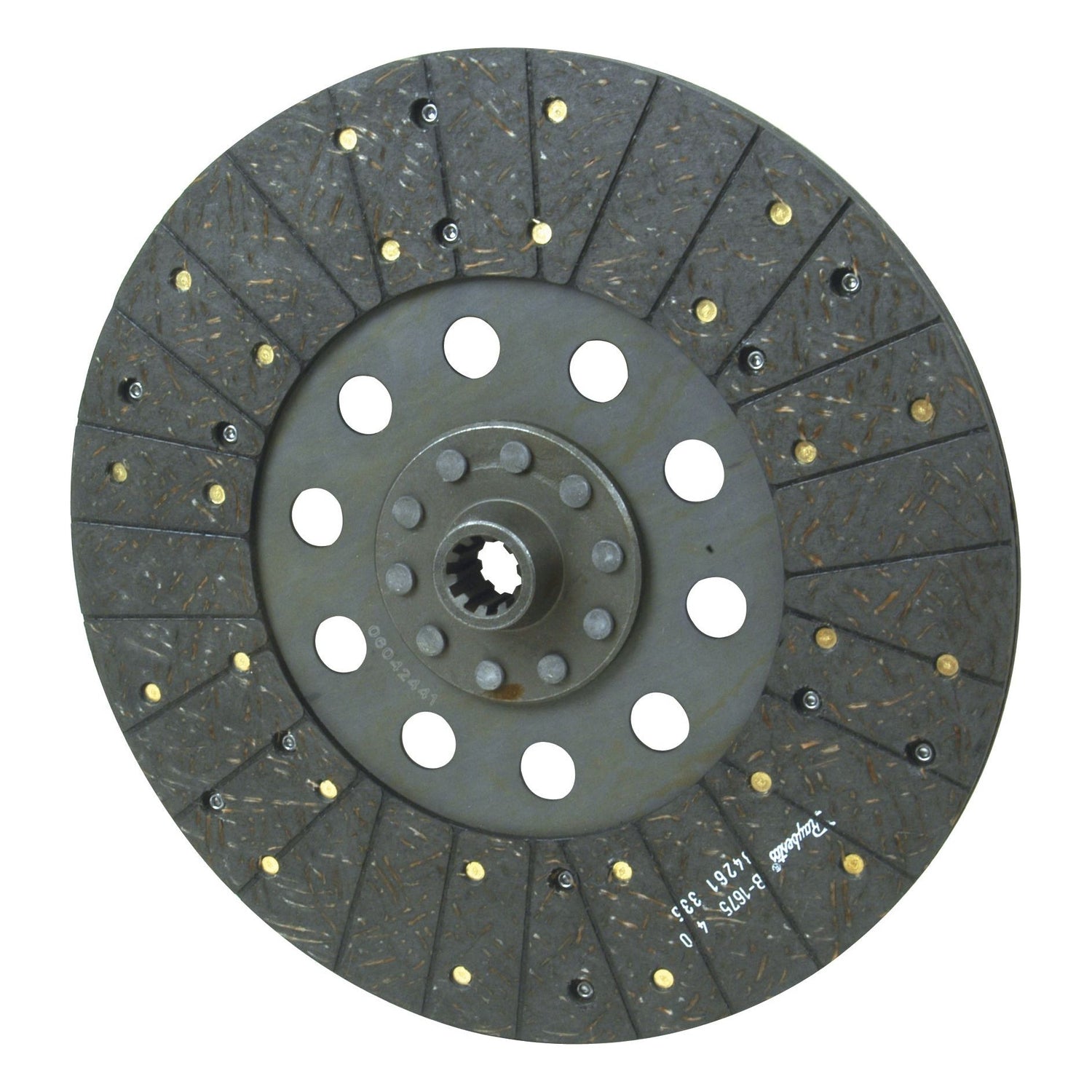 The Clutch Plate - S.19531 from Sparex is a durable metal circular clutch disc, featuring a pattern of friction material segments and holes around the center. Specifically designed with a 327mm size, it also integrates Spline 10 for enhanced compatibility.