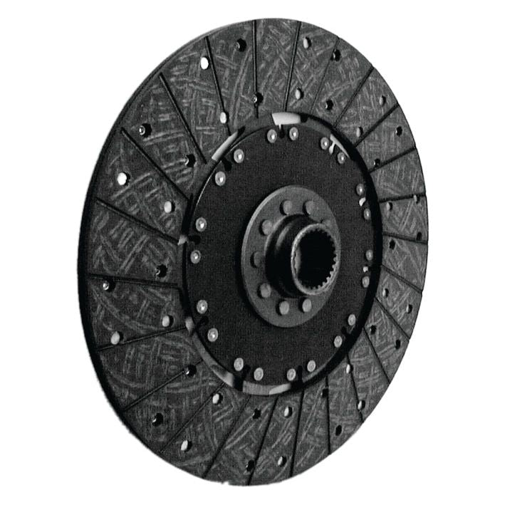 The Clutch Plate - S.19532 by Sparex is a black, circular automotive clutch disc featuring grooved surface patterns and multiple bolt holes around the central hub. Designed for Ford New Holland vehicles, this disc has a diameter of 327mm and upholds Sparex's standards for quality and durability.