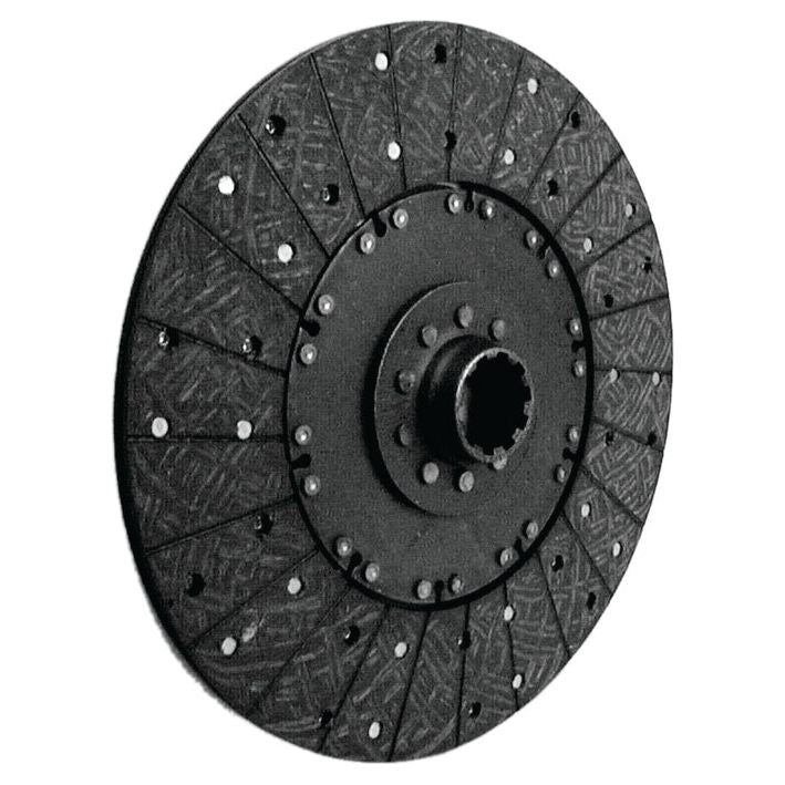 Close-up of a Sparex Clutch Plate - S.19533, showcasing its black, circular design with a textured surface and multiple bolt holes; it features a 10 Spline design and measures 327mm in diameter.