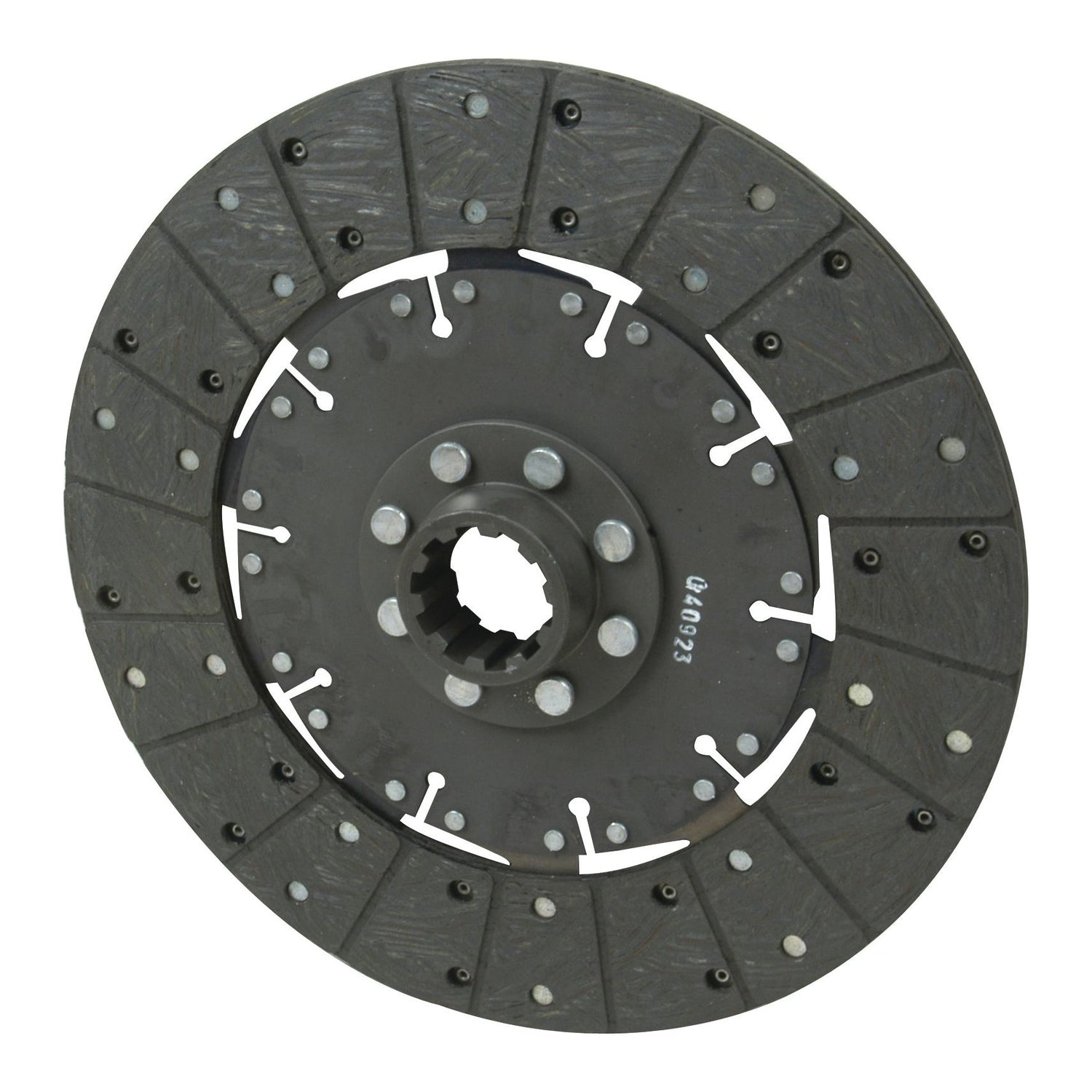 Image of a Sparex Clutch Plate - S.19536, showing its dark gray friction material and metallic springs arranged in a circular pattern, ideal for Ford New Holland tractors.