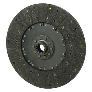 The Sparex Clutch Plate - S.19537 is a 327mm circular, metallic disc with a patterned surface and a central hub featuring gear-like teeth and 10 splines, enhanced with organic lining material.