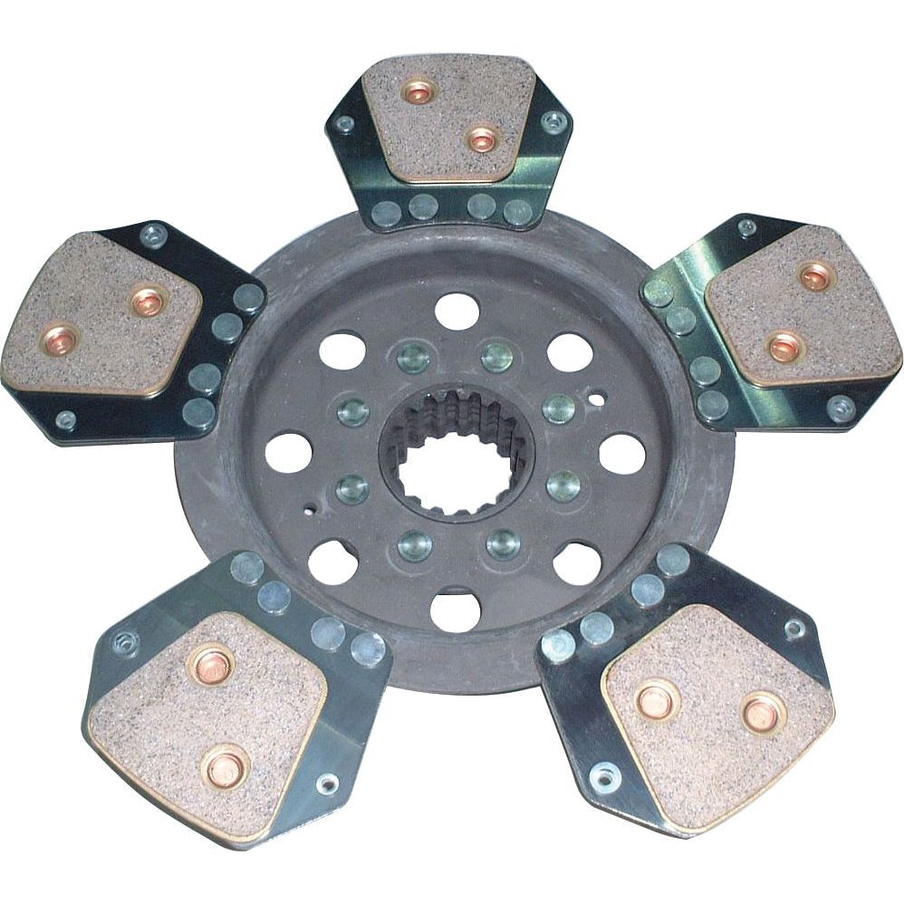 Close-up of the Sparex Clutch Plate - S.19567, showcasing its cerametallic construction with five frictional pads and a central hub featuring an internal splined gear for torque transmission.