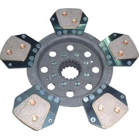 Close-up of the Sparex Clutch Plate - S.19567, showcasing its cerametallic construction with five frictional pads and a central hub featuring an internal splined gear for torque transmission.