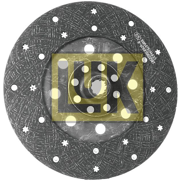 A close-up of a Sparex brand Clutch Plate - S.19619, compatible with Landini tractors, featuring multiple small holes and a textured surface. The plate boasts a cerametallic lining and has a disc size of 280mm.