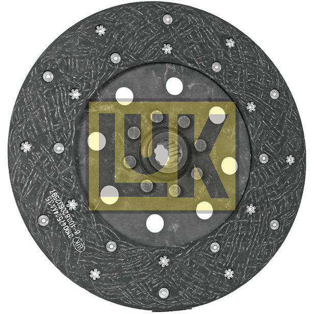 The S.19619 clutch plate from Sparex, designed for Landini tractors, is a circular mechanical component with a textured surface and multiple holes. The central section prominently displays the text "LUK" in yellow. This 280mm disc features cerametallic lining material.