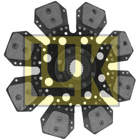 The Clutch Plate - S.19676 from Sparex, featuring a multi-pad design with a 350mm disc and Cerametallic lining, is displayed against a white background with a yellow "luk" logo overlay.