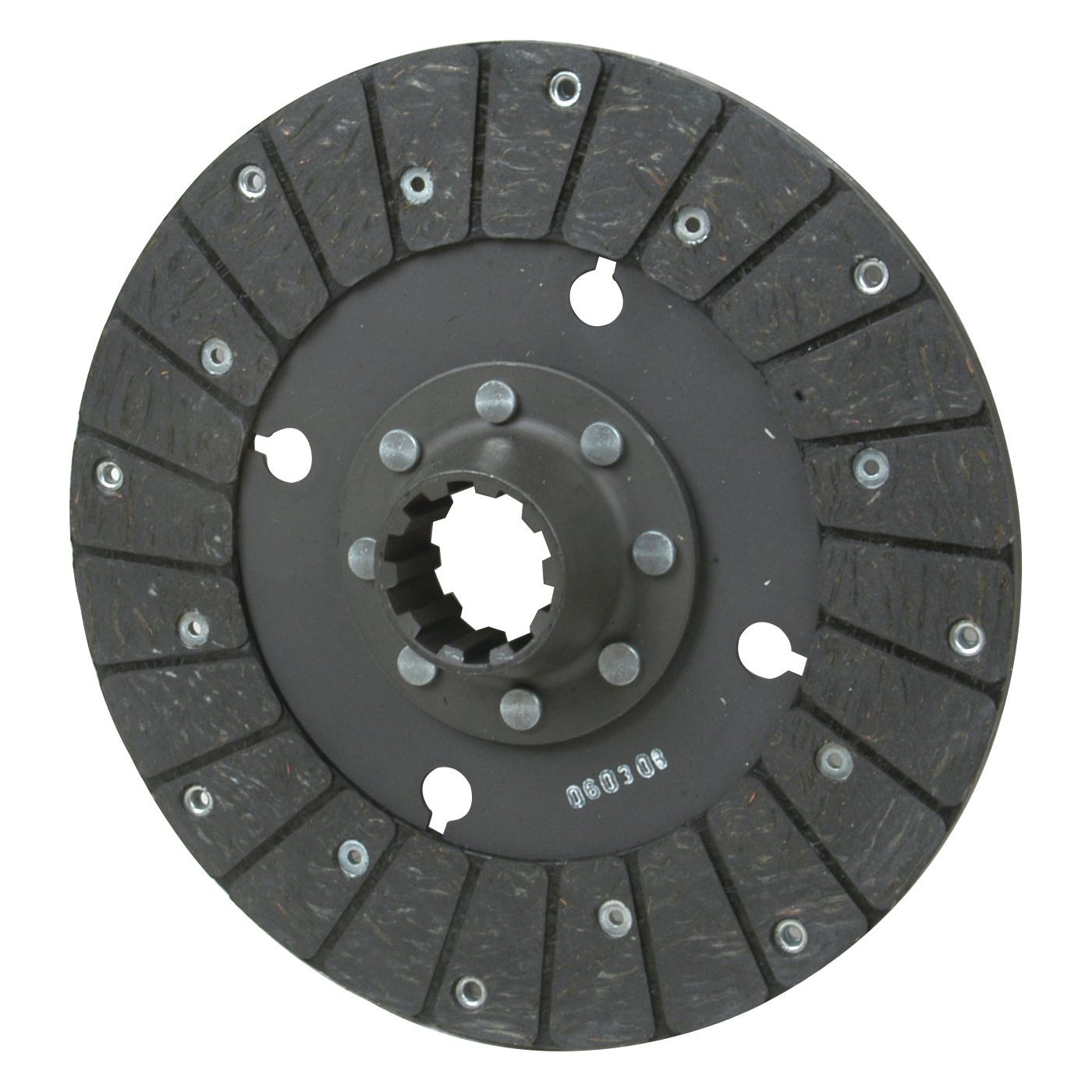 Behold the detailed image of the Sparex Clutch Plate - S.40713: a round, 250mm disc featuring a central hub with 10 splines and multiple radial friction pads, each securely riveted.