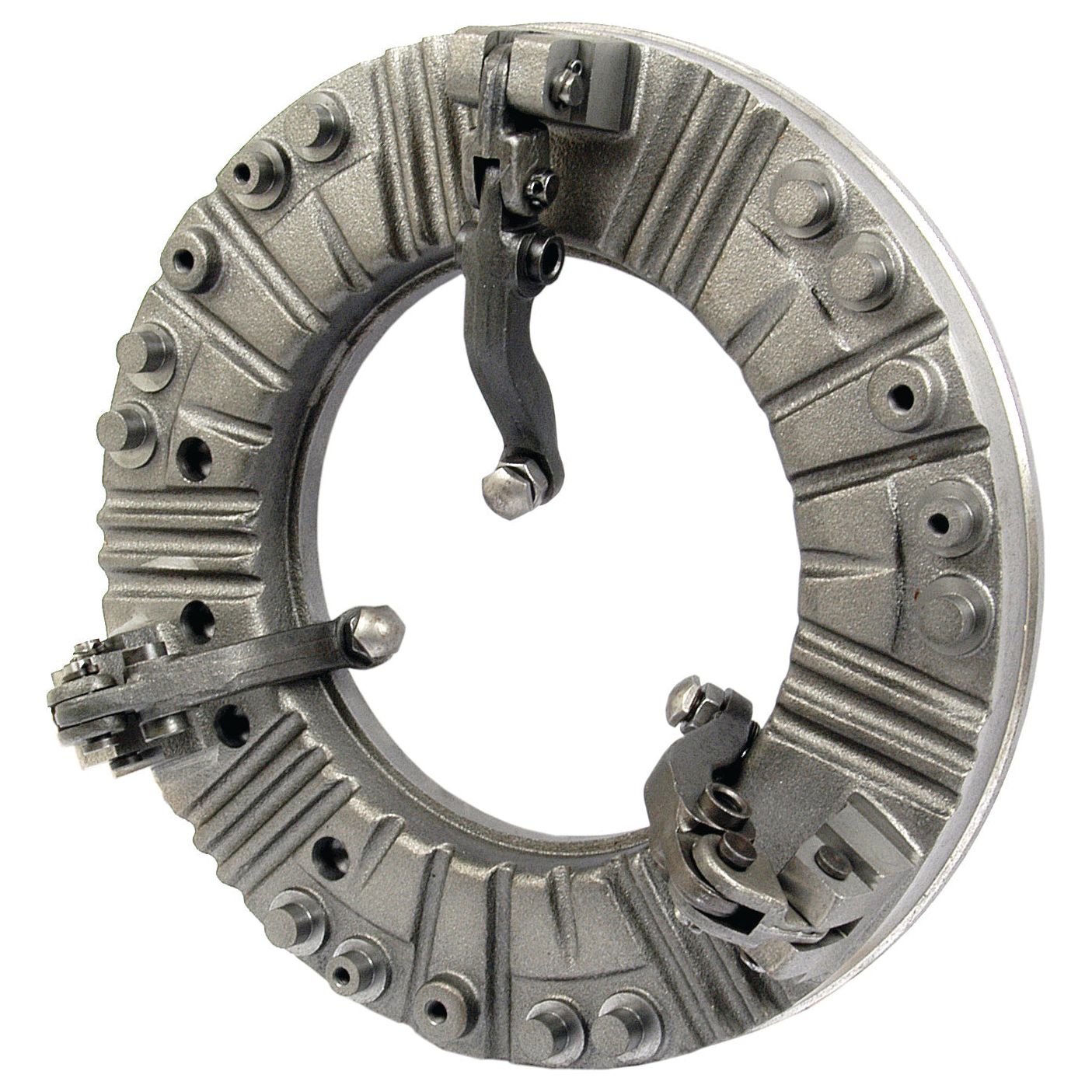 The Clutch Plate - S.40727 by Sparex is a circular mechanical component with an intricate carved design, featuring small bolts and two clamping mechanisms on one side. This part is compatible with various spline shafts.