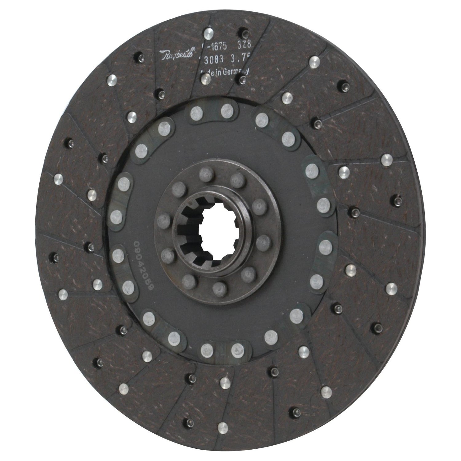 The Sparex Clutch Plate - S.61226 is a circular automotive clutch disc with a metallic center and splines, featuring an outer ring made of riveted organic friction material. Text and numbers, including the disc size, are marked on its surface.