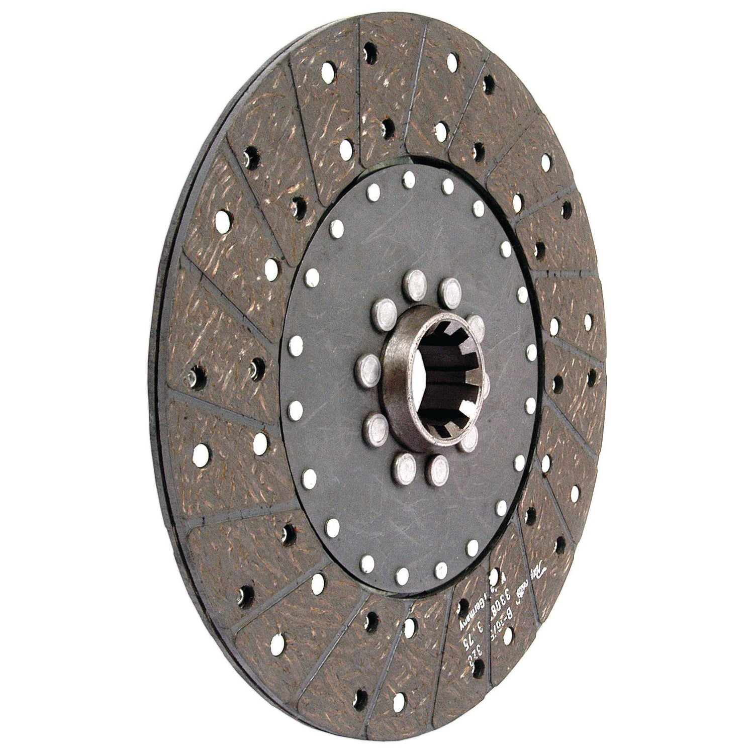 Close-up of the Sparex Clutch Plate - S.61226 with a metallic central hub and friction material extending outward, featuring perforations, notches, and precise splines.