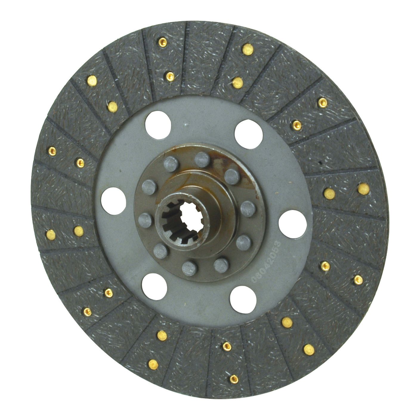 The Clutch Plate - S.61227 from Sparex is designed to fit various car models with its ideal disc size, featuring a circular shape and a robust metal hub. The textured surface, Splines, and several evenly spaced holes and rivets around the center enhance its functionality and durability.