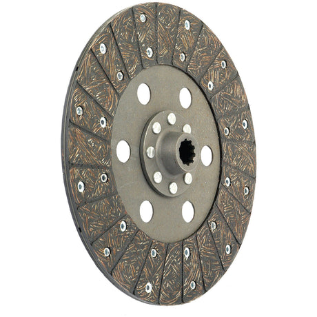 Close-up of the Clutch Plate - S.62429 from Sparex, featuring its circular textured surface, 280mm disc with rigid lining material at the metal center and 10 splines in the middle, along with evenly spaced holes around the perimeter.