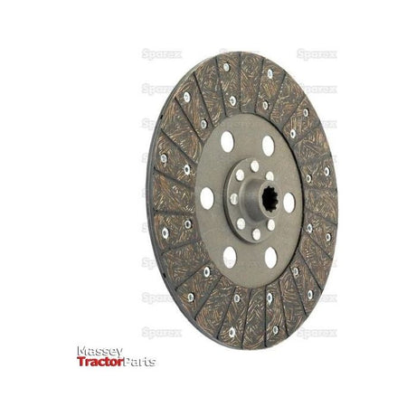 The Clutch Plate - S.62429 by Sparex is a circular, textured 280mm tractor clutch disc with a central hub and rigid lining material. It features multiple bolt holes and 10 splines and is displayed against a plain white background.