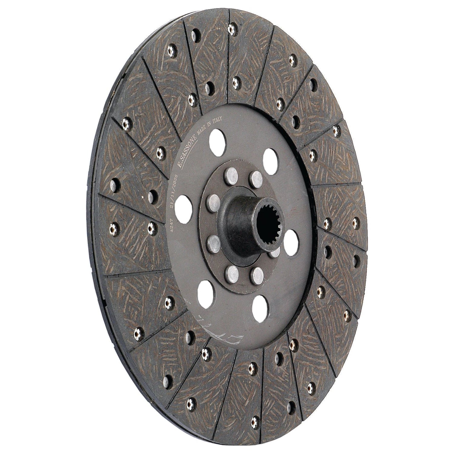 The Clutch Plate - S.64550 from Sparex is a rigid vehicle clutch disc that features a metallic center hub with multiple holes and a textured surface for friction, complemented by an organic lining material to enhance performance.