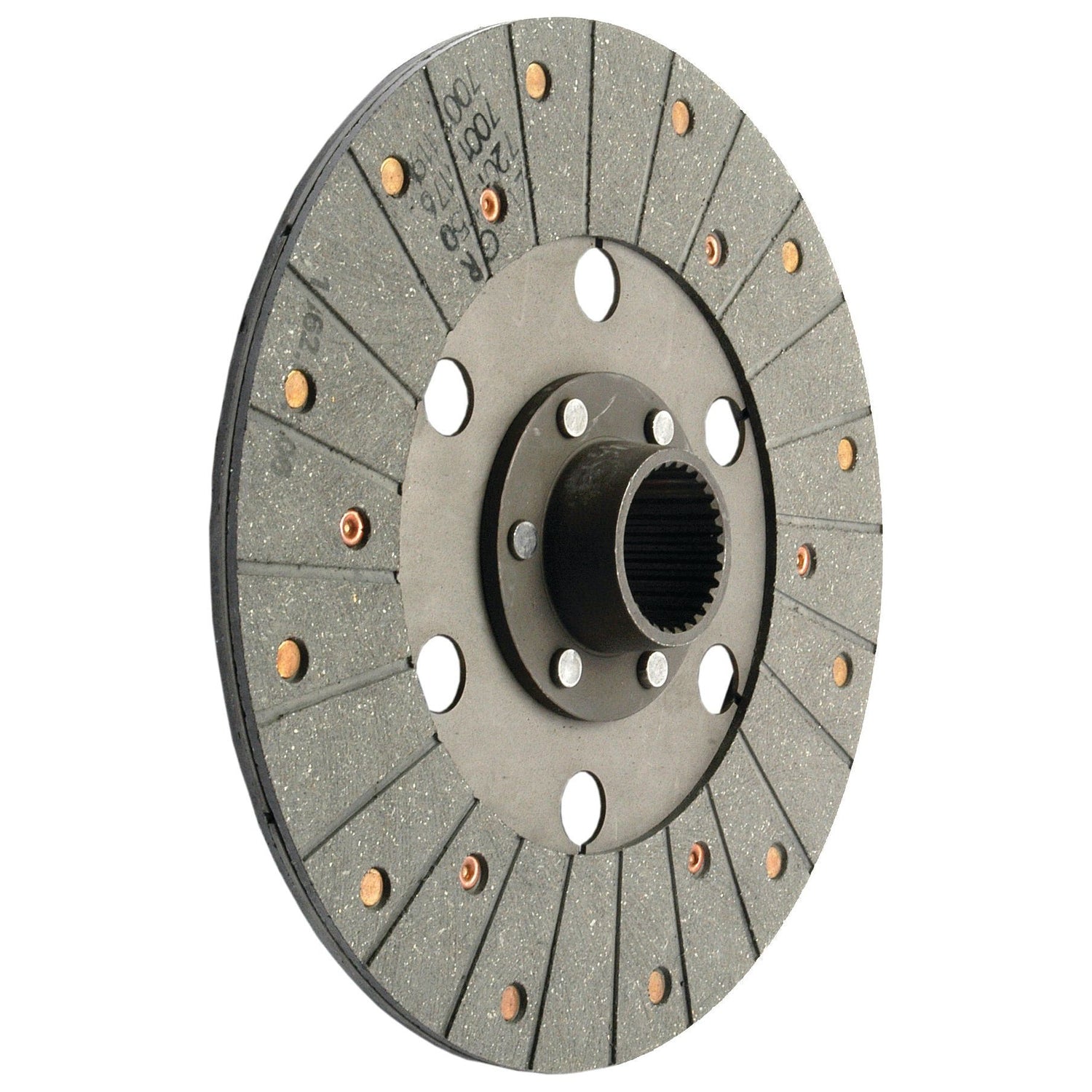 A close-up image of the Sparex Clutch Plate - S.64555, showcasing its detailed grooves and central hub with Splines 28, complemented by organic lining material for enhanced durability.