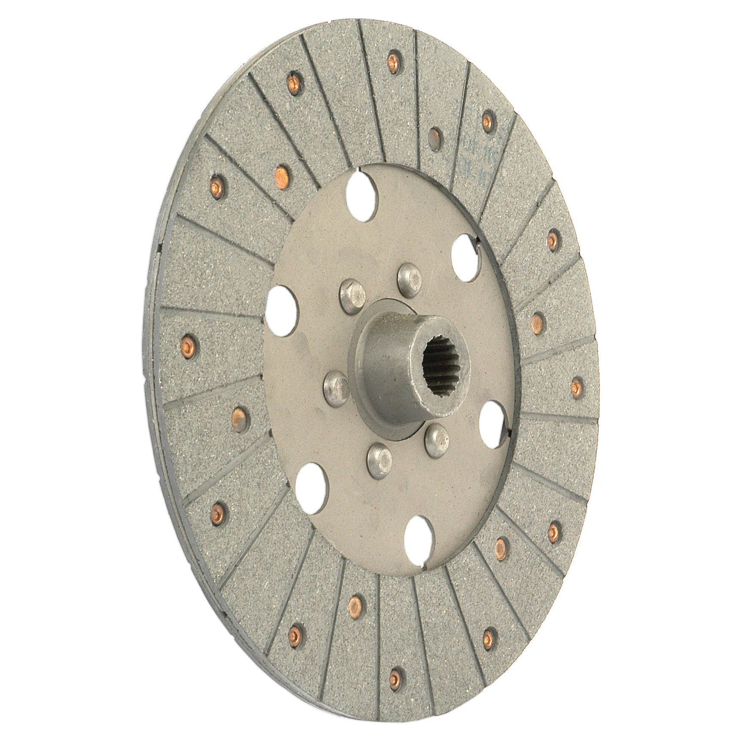 The Sparex Clutch Plate - S.64871 is gray with radial grooves and holes, and it includes a central 16-spline hub and a 280mm disc featuring an organic lining material surface.