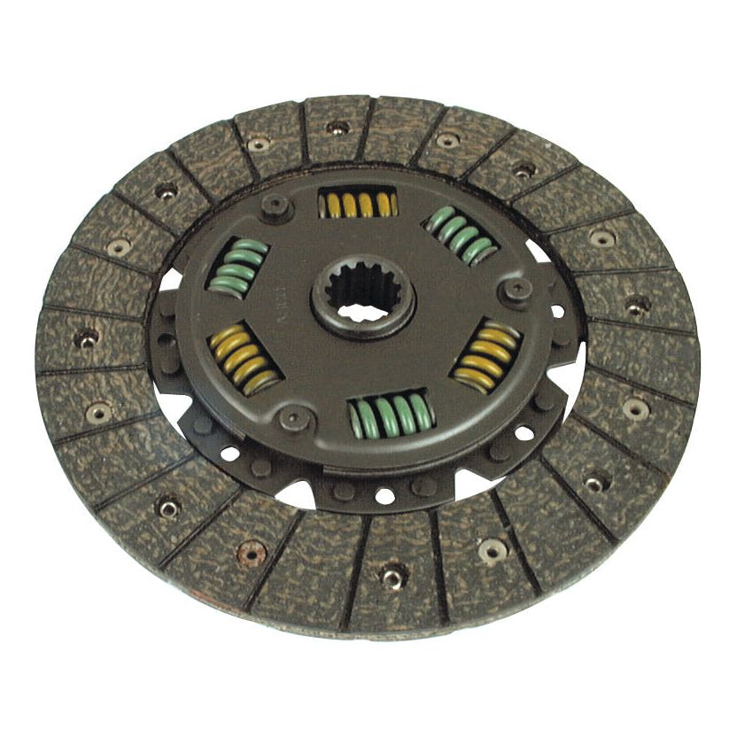 Image of the Sparex Clutch Plate - S.71995, featuring friction material segments around the edge, a metal hub in the center with colorful springs, and a disc size of 228mm with 13 splines for optimal performance.