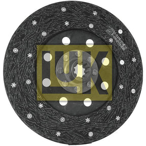 A Clutch Plate - S.72628 from Sparex, featuring a yellow and white "LUK" logo in the center, displays part number specifications and has a textured friction surface. The disc size accommodates multiple holes around the perimeter, and its precise spline configuration ensures optimal functionality.