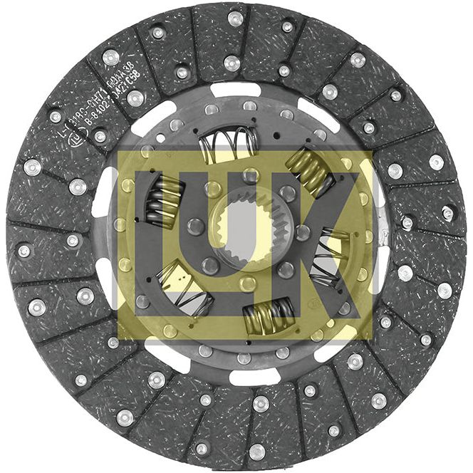 Close-up of a car clutch disc from the Sparex brand, product name Clutch Plate - S.72840, featuring a metallic circular structure, springs, and friction material. The yellow and white embossed text "LUK" is visible on the disc, which includes details like the 40mm dimension and disc size spline.