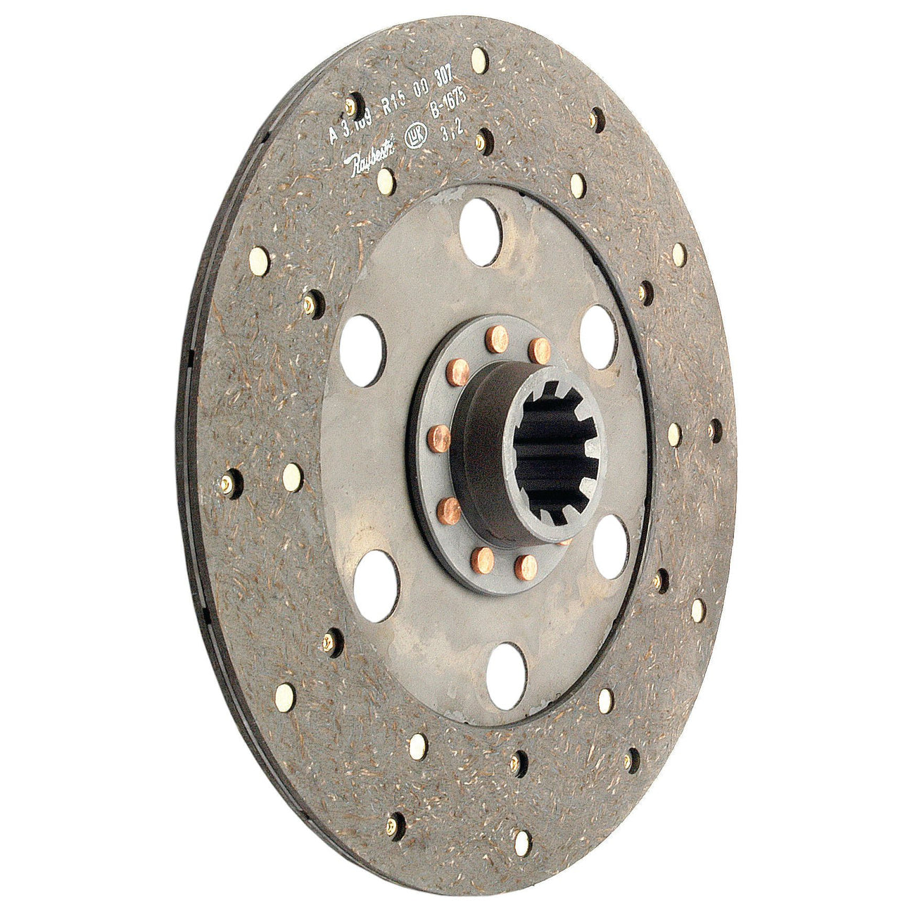 The Sparex Clutch Plate - S.72892 is a circular, metallic disc brake with a 280mm size, featuring multiple holes for ventilation. It includes a central hub with 10 splines for attachment and an organic lining material.