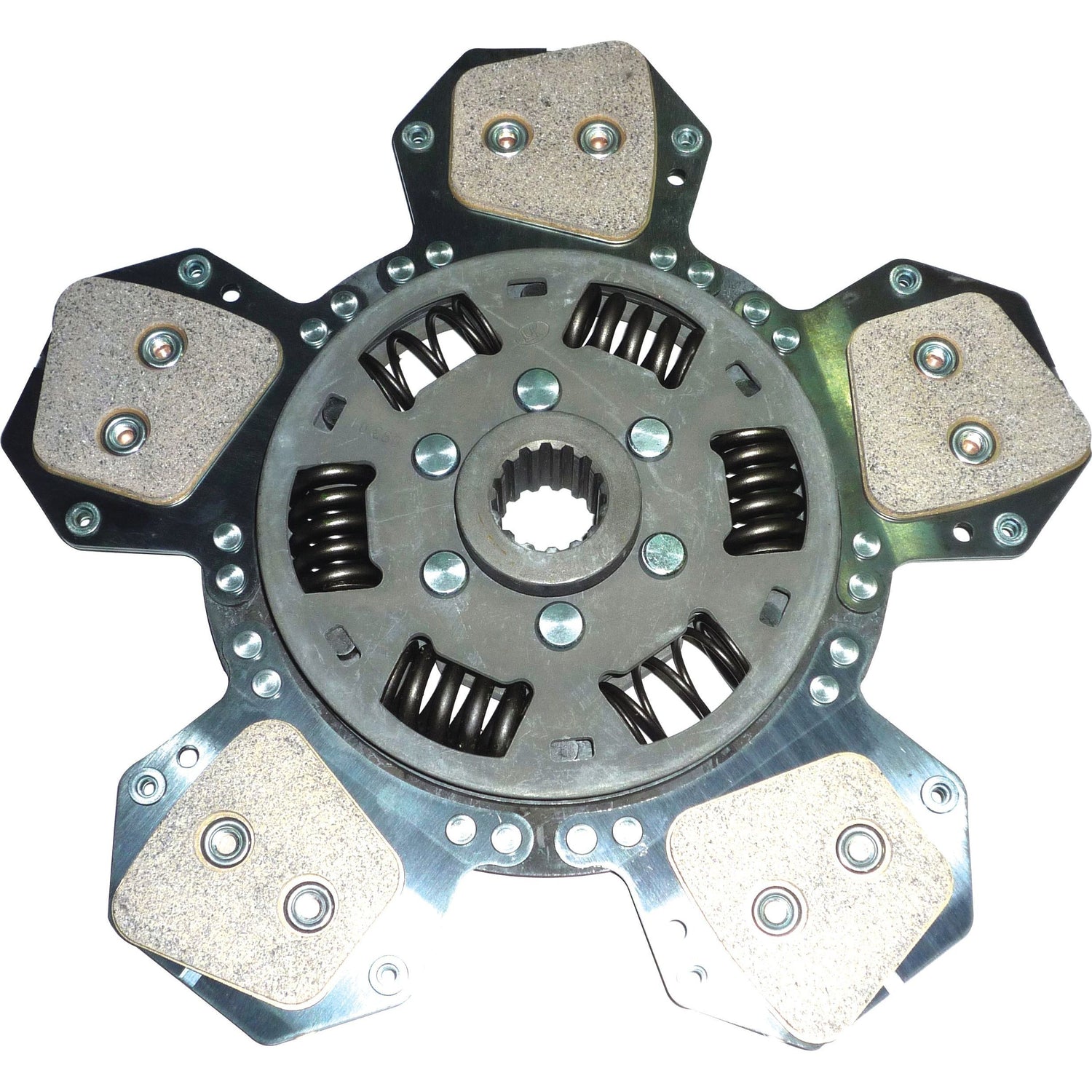The Sparex Clutch Plate - S.73179 is a metallic disc featuring a central hub, visible torsion sprung components, and five cerametallic-lined friction pads arranged around its 290mm perimeter.