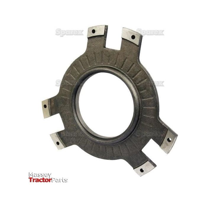 A circular metal tractor part with five protruding segments and a central hole, labeled "Massey Tractor Parts" and "Sparex" in the background, resembles the Clutch Pressure Plate | Sparex Part No.S.40718 used in Massey Ferguson machinery.