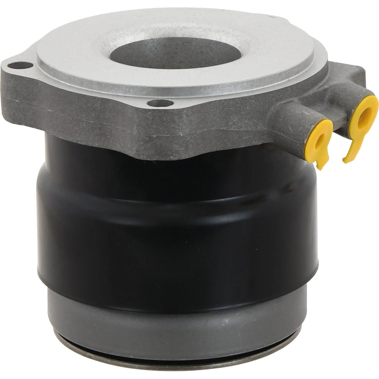 The Sparex Clutch Release Bearing - S.72773 by Sparex is a metal mechanical component with a cylindrical shape, dual yellow connectors, and a flat, flanged top with mounting holes. It also features an NBR Seal Type for enhanced durability.