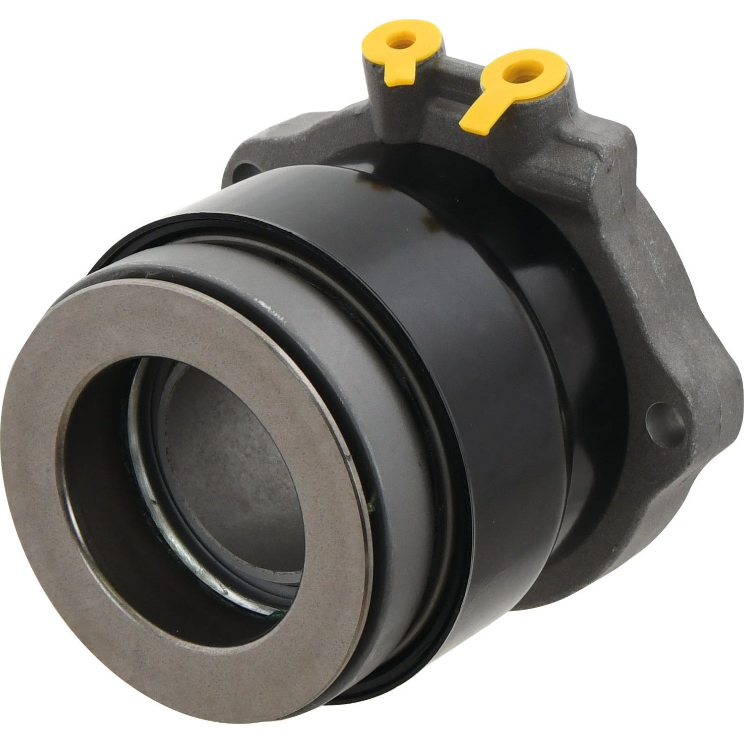Product Description: The Sparex Clutch Release Bearing - S.72773, a component from the Sparex brand, features a metal mechanical design with a dark housing and two yellow clips on top, as seen from the side.