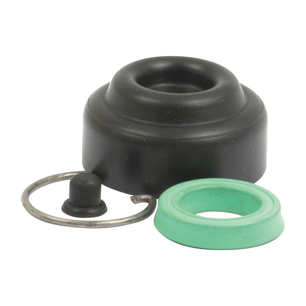 A black rubber diaphragm, a metal ring, a small black plug, and a green washer from the Sparex Clutch Slave Cylinder Repair Kit - S.56969 are arranged on a white background.